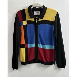 80s‎ Vtg Laura Alyzia Sz 4 S Color Block Black Sweater Cardigan Retro Collar Zip